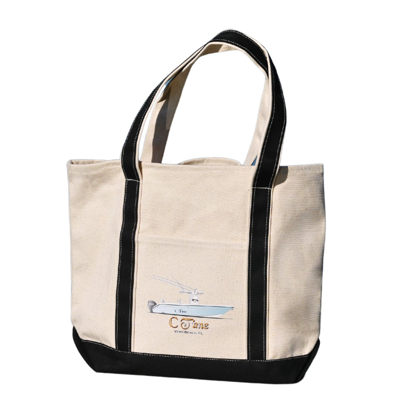 Beige tote bag with black handles and trim on a white background, custom boat design