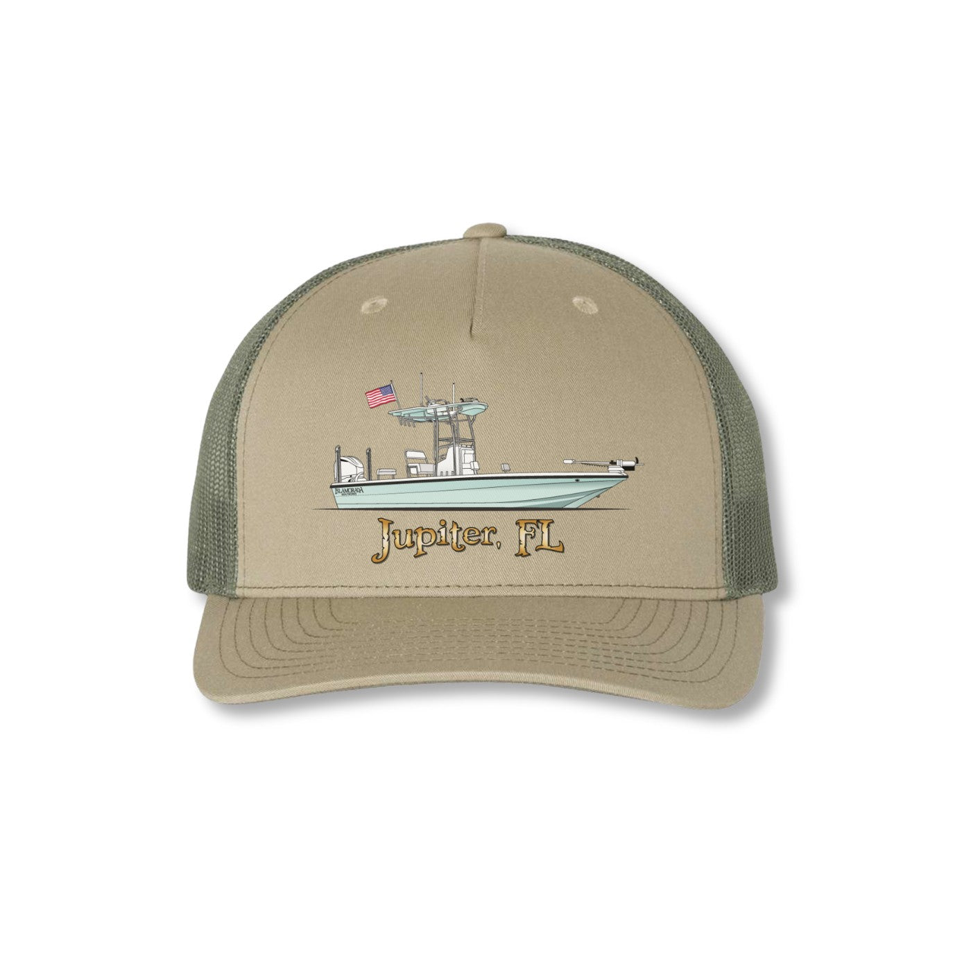 Khaki and green cap with boat and flag design on a white background, blue coast boats