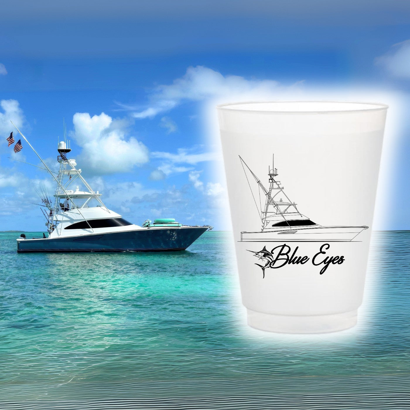 Frosted cup with boat design and 'Blue Eyes' text against a background of a boat on water.