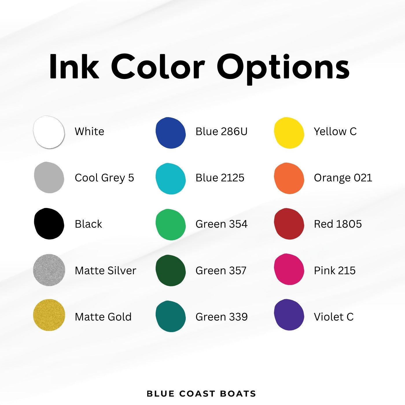 Ink color options chart with various colors and their corresponding codes, branded as Blue Coast Boats.