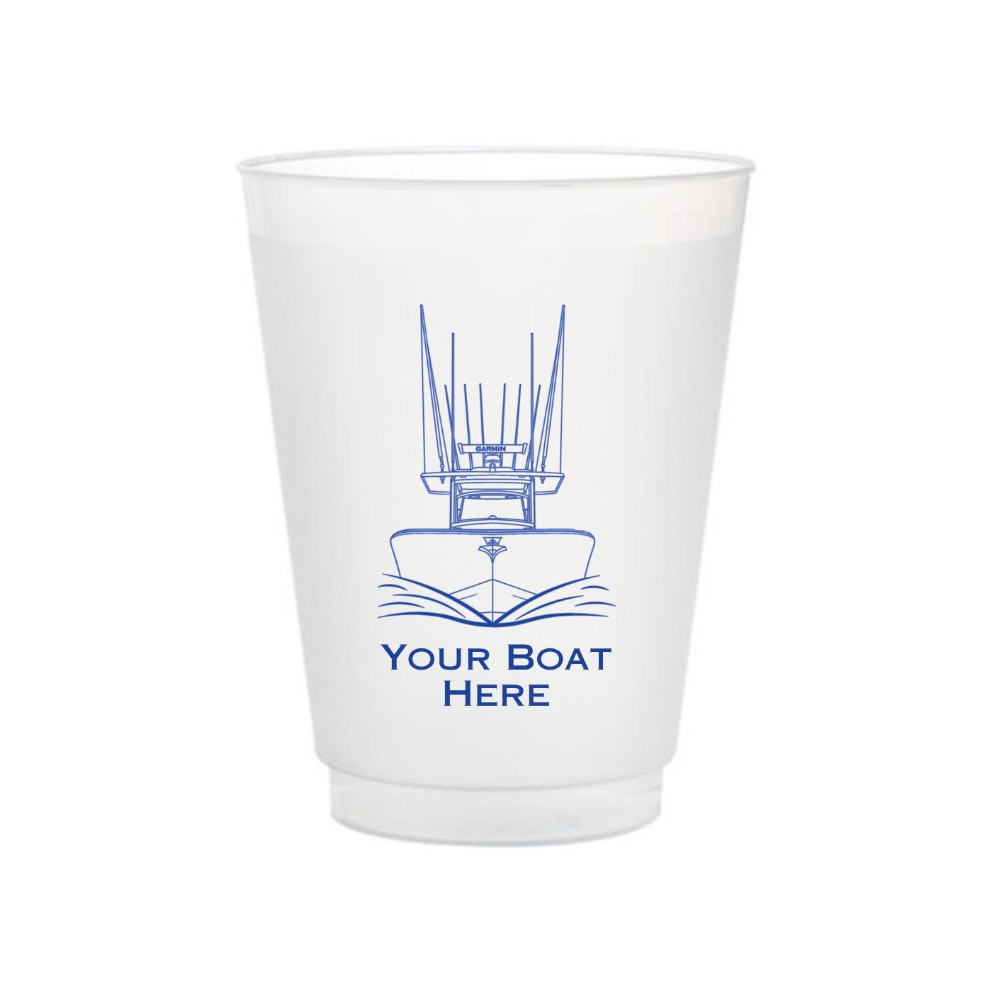 White Frost-Flex cup with blue boat design and text 'Your Boat Here' on a white background