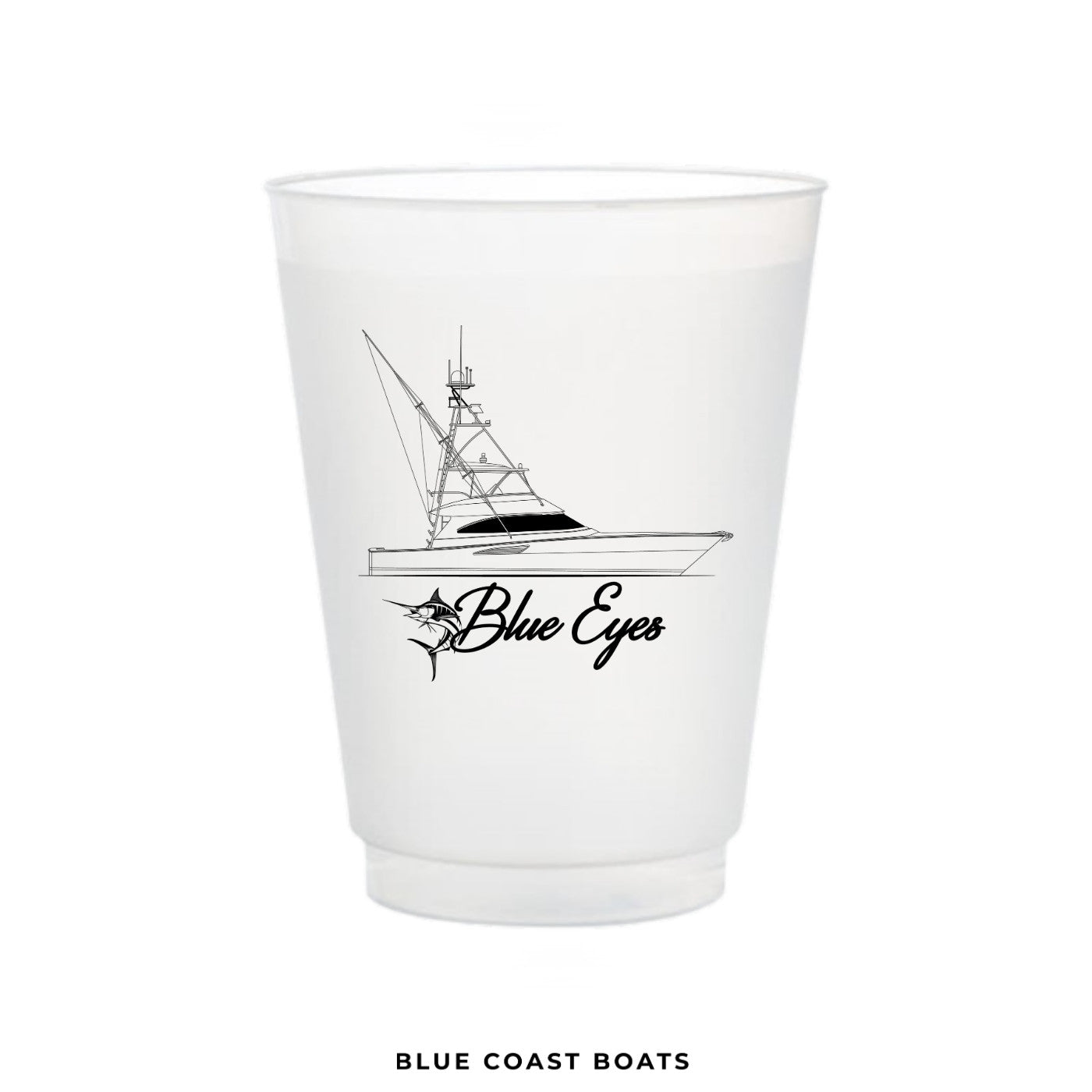 White Frost-Flex cup with a black boat illustration and 'Blue Eyes' boat name text on a white background
