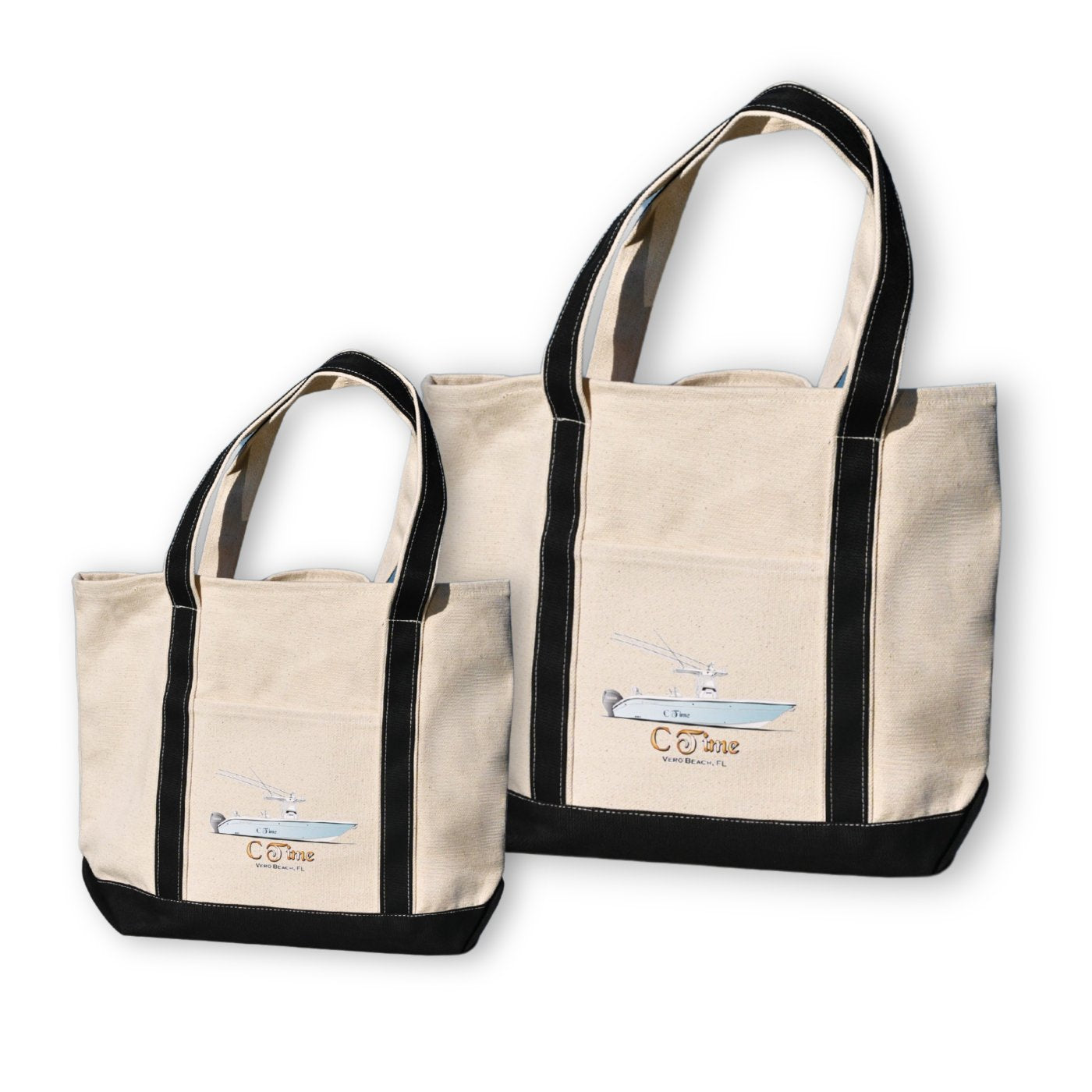 Two beige tote bags with black handles and trim on a white background, custom boat design