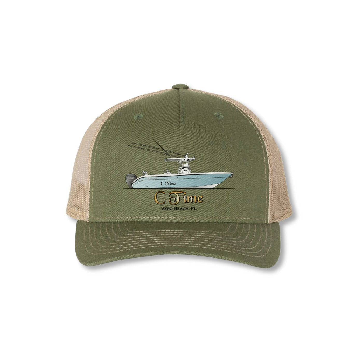 Green and beige cap with a boat logo on a white background by blue coast boats