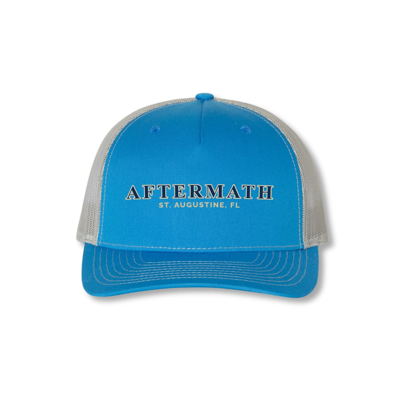 Blue and gray cap with custom boat logo text on a white background by blue coast boats