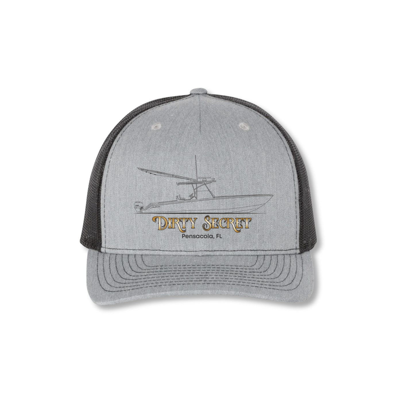 Gray and black cap with boat logo on a white background
